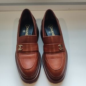 CHANEL Brown Leather CC Logo Penny Loafers